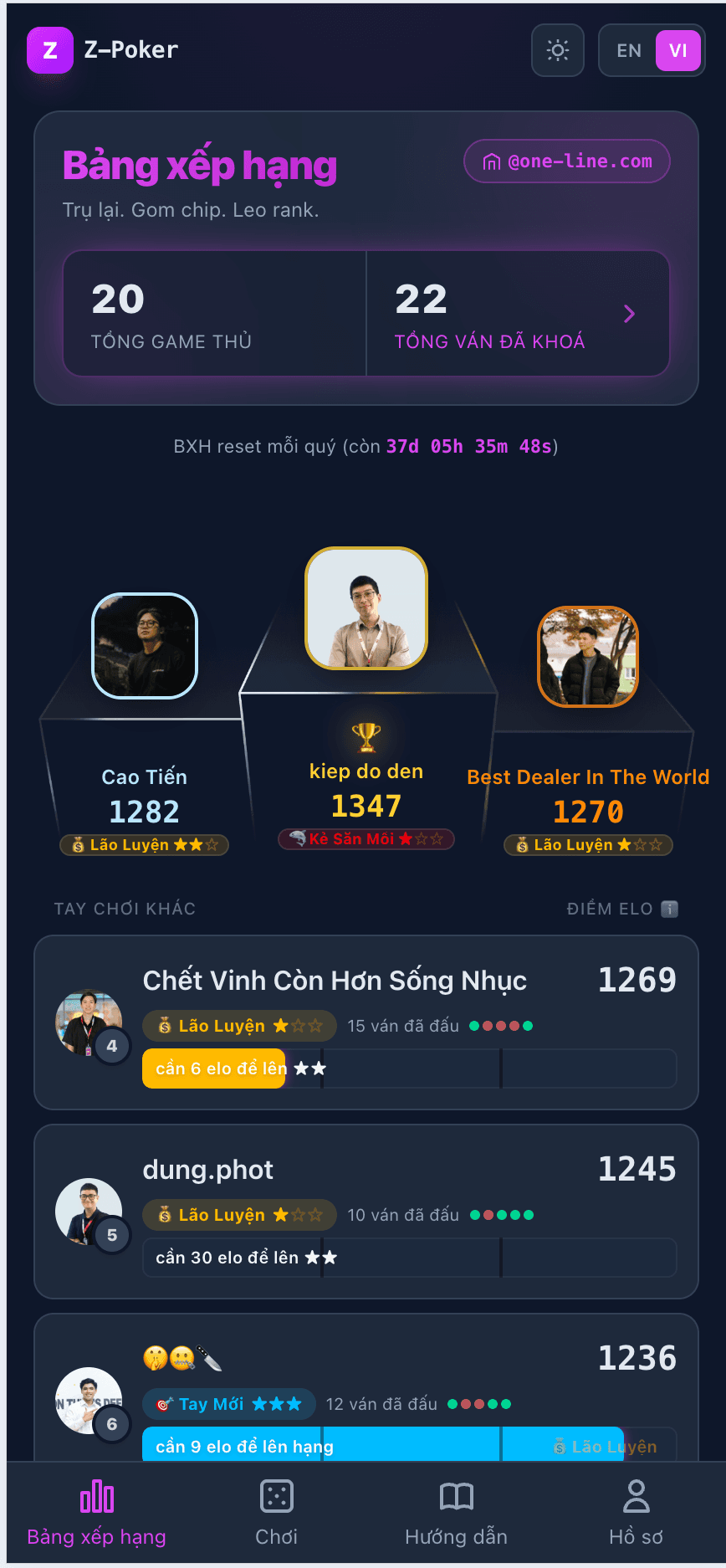 Z-Poker leaderboard with podium top-3 and tier badges