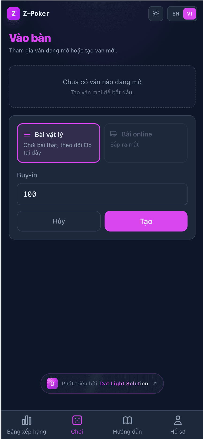 Create-session form with buy-in input and active sessions list