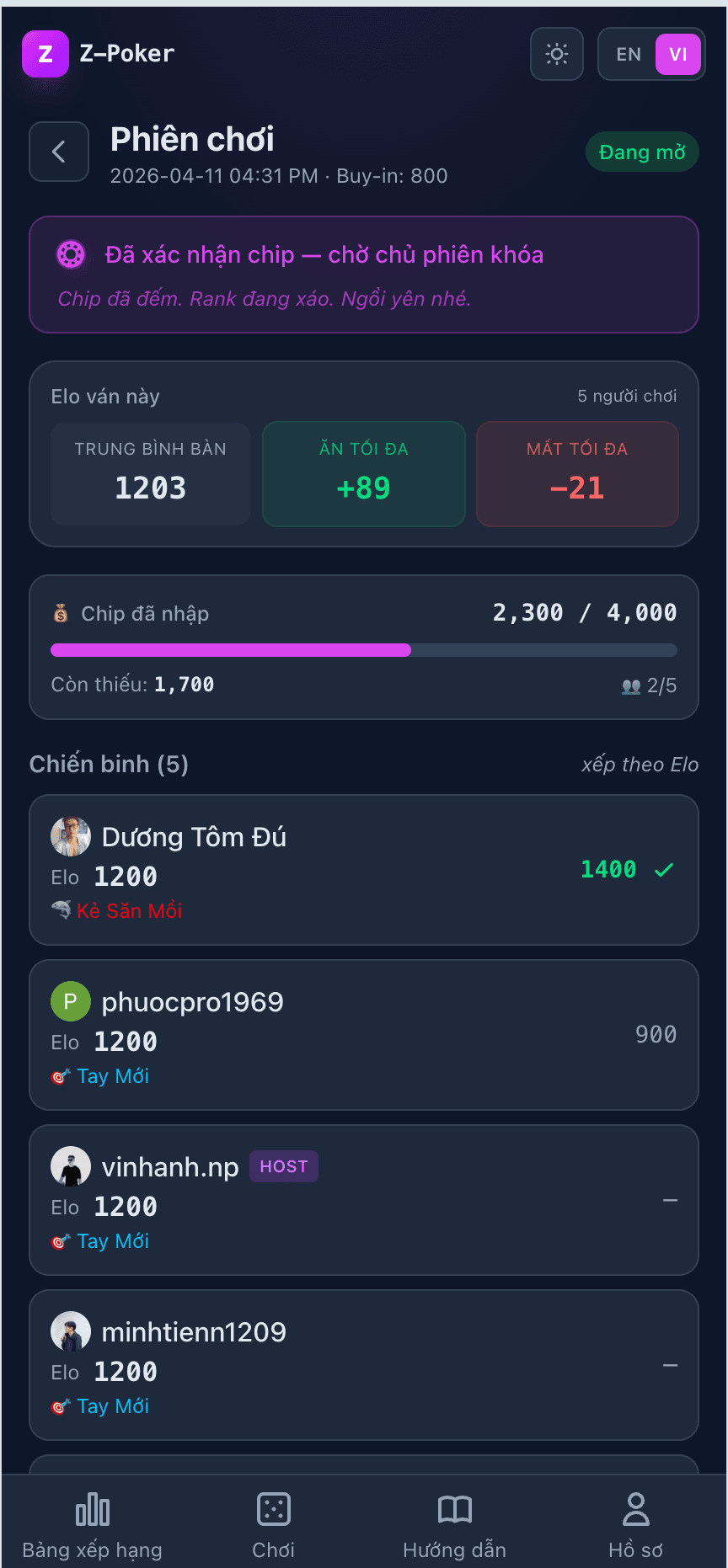 Active session screen with chip inputs and live waiting banner